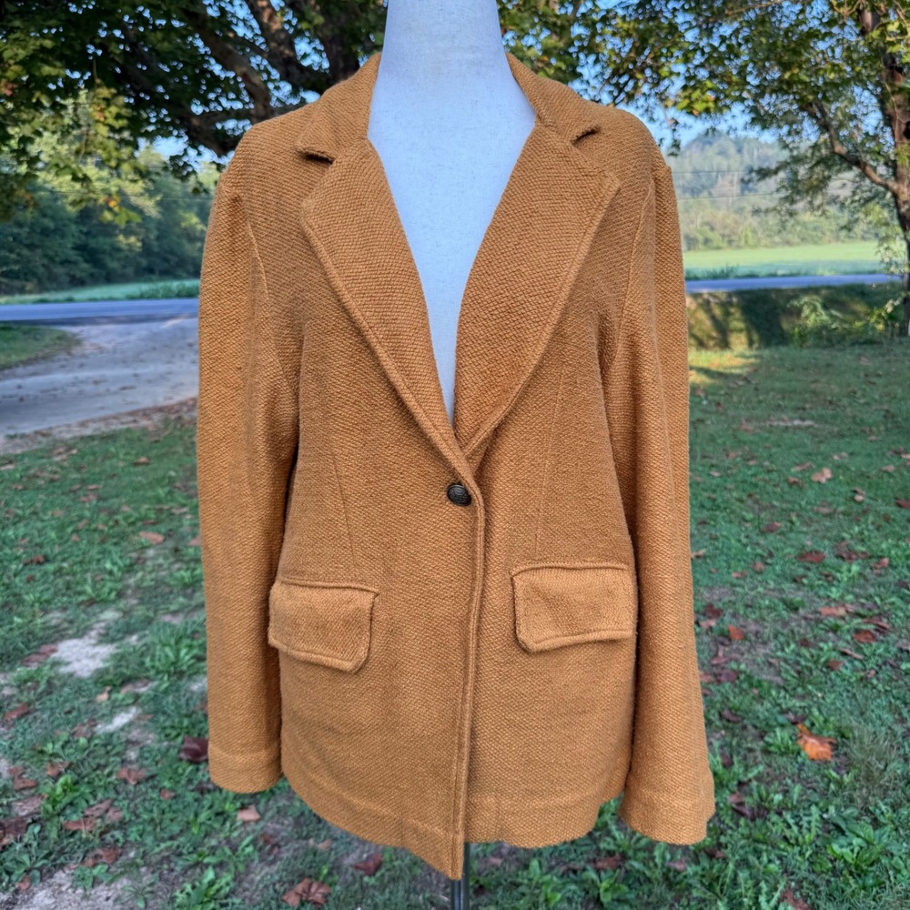 Maeve Anthropologie Mustard Yellow Cotton Textured Knit Blazer XL Fall Neutral